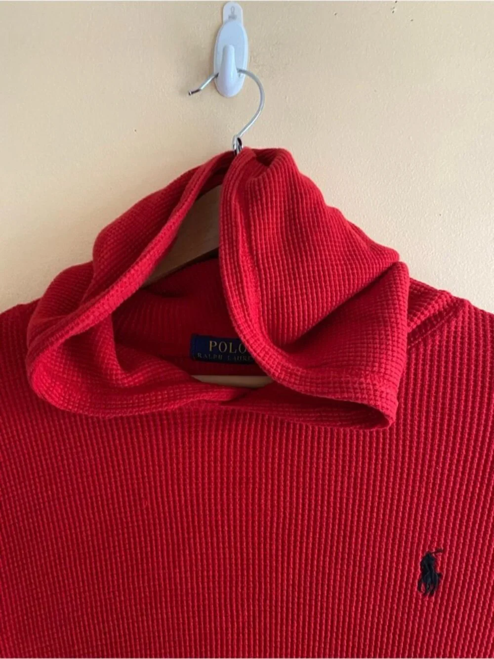 Polo Ralph Lauren Waffle Knit Hoodie Men Medium Red Shirt Cotton Pony Logo FLAW